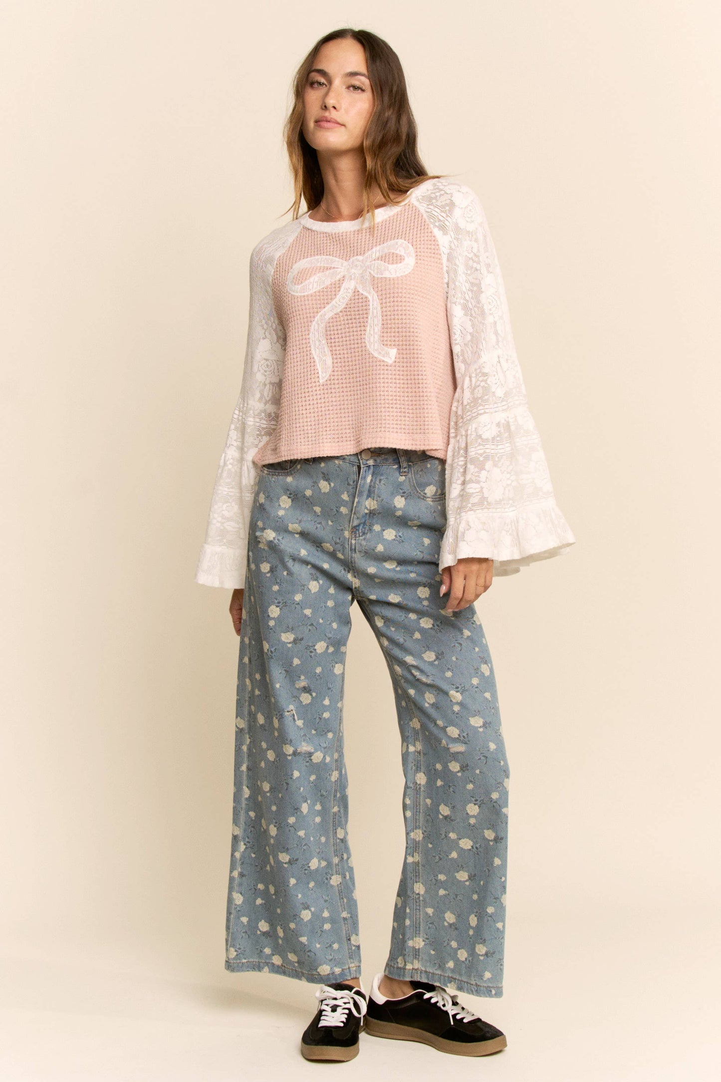 PLUS SOFT WAFFLE KNIT LACE BOW PATCHWORK TOP