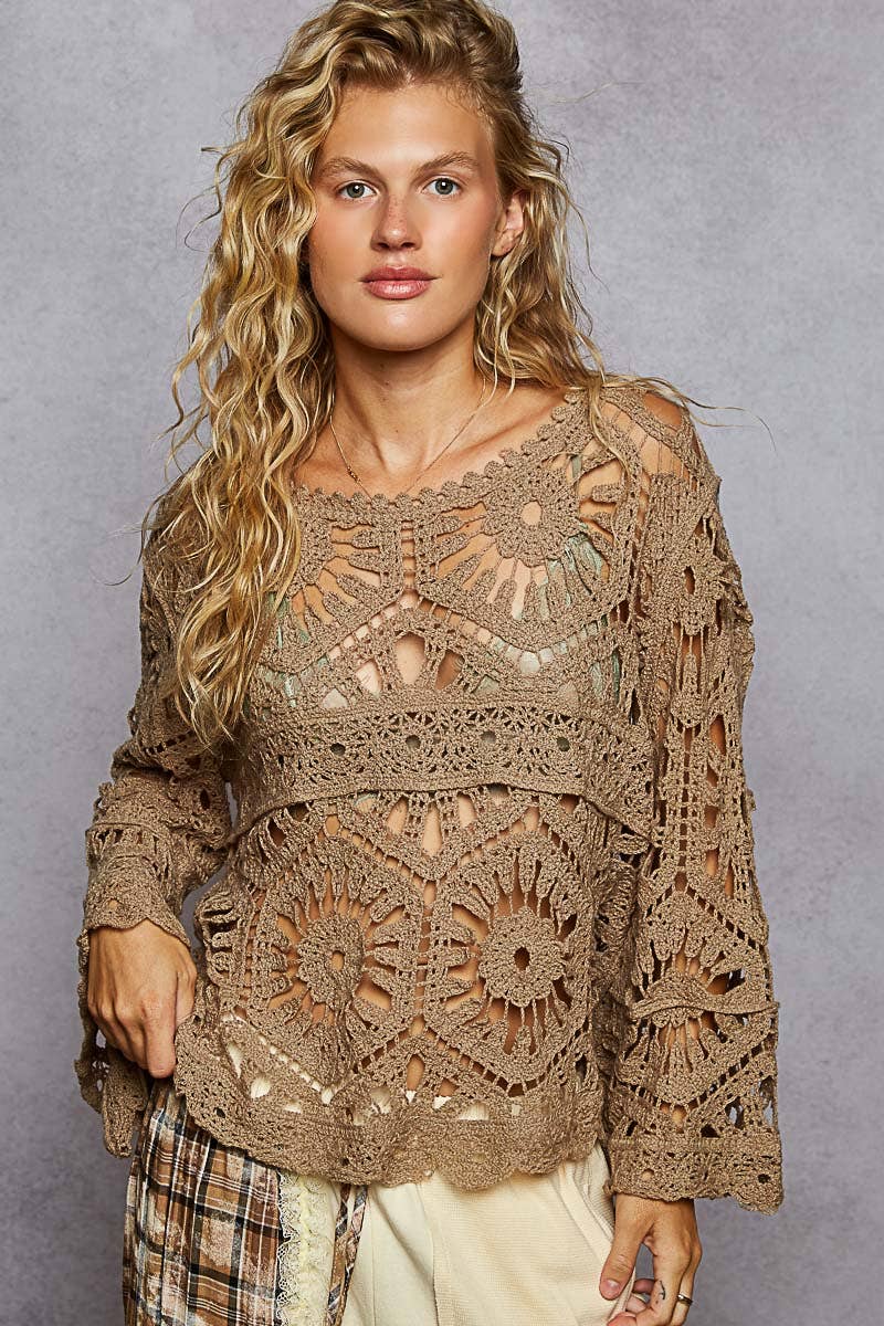 Round Neck 3/4 Sleeve Crochet Cropped Top