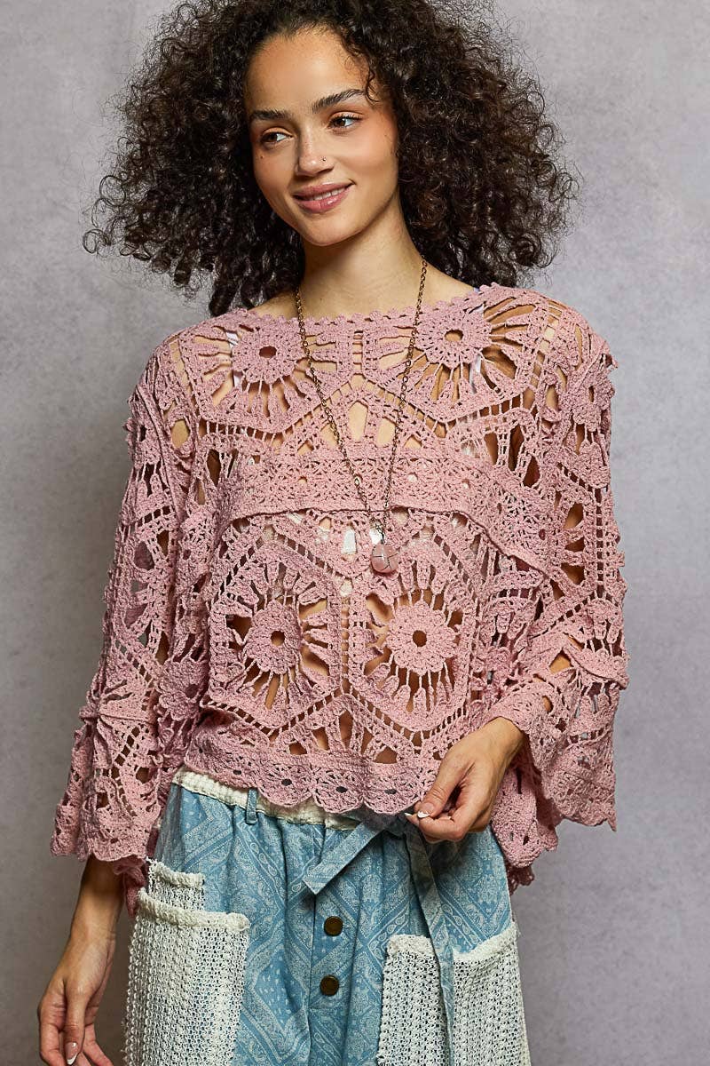 Round Neck 3/4 Sleeve Crochet Cropped Top