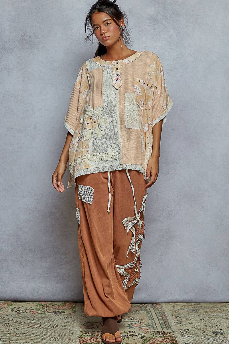 Round Neck Short Sleeve Floral Knit Rib Top SALE