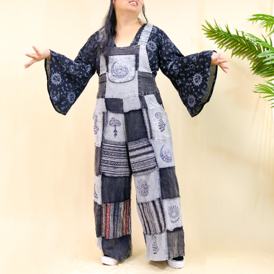 Bohemian Patchwork Wide Leg Jumpsuit with Pocket