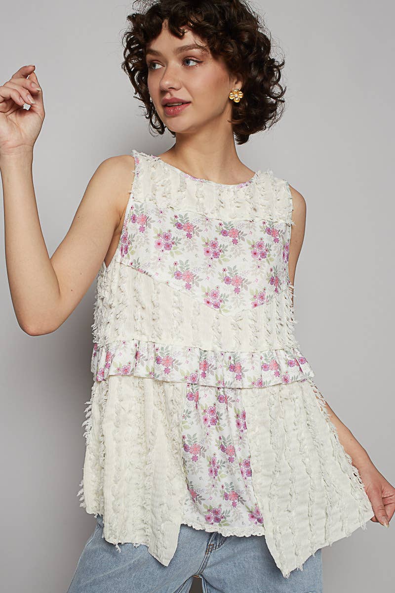 Round neck sleeveless textured woven floral top