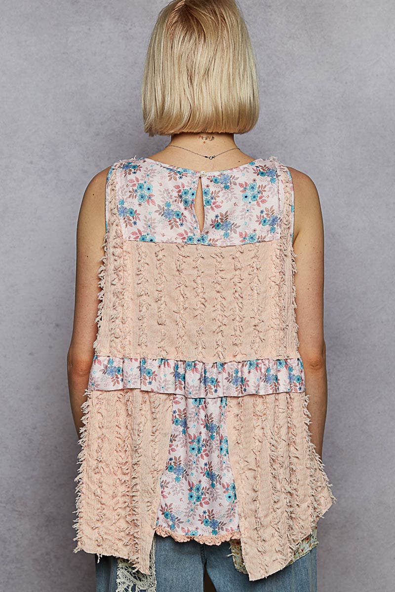 Round neck sleeveless textured woven floral top
