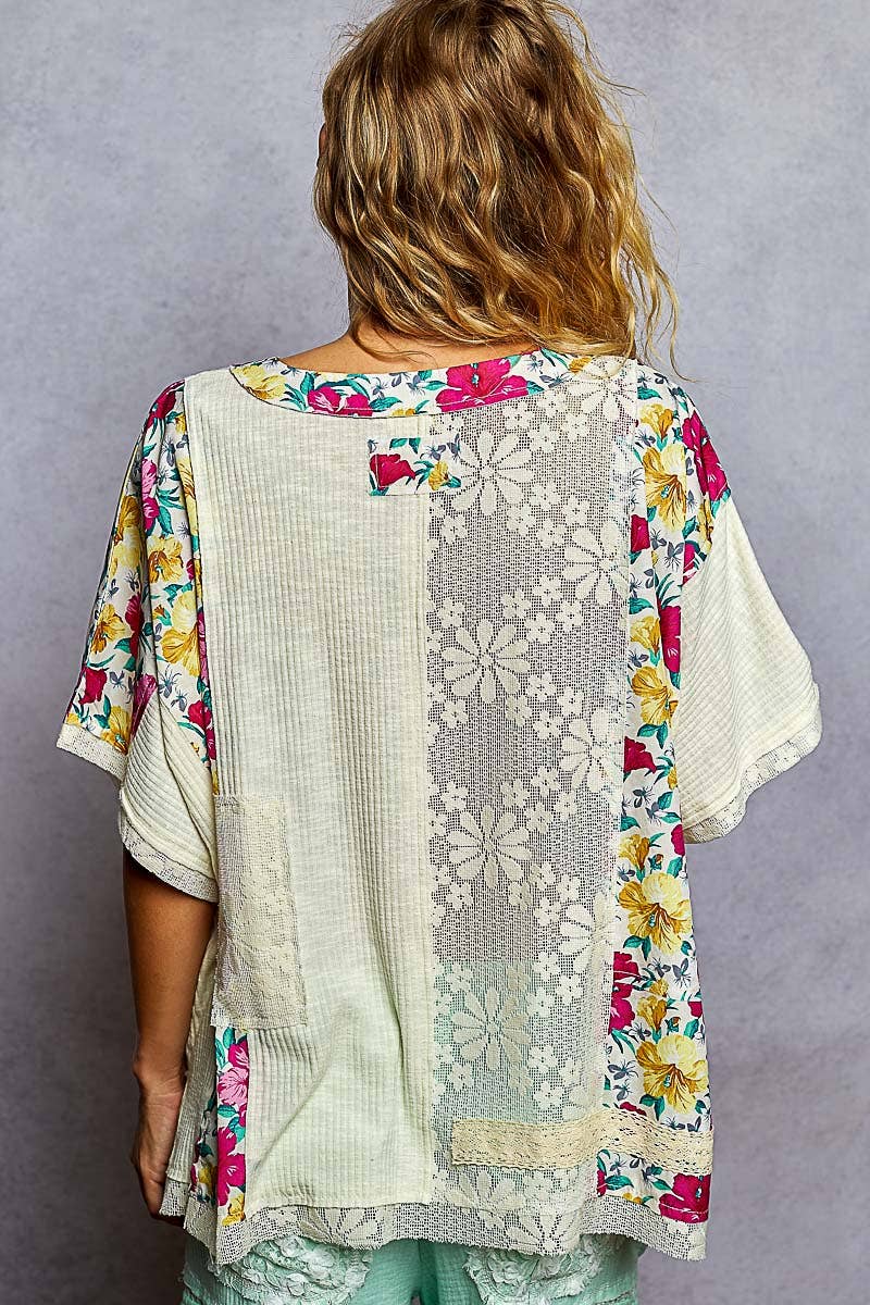 Round Neck Short Sleeve Floral Knit Rib Top SALE