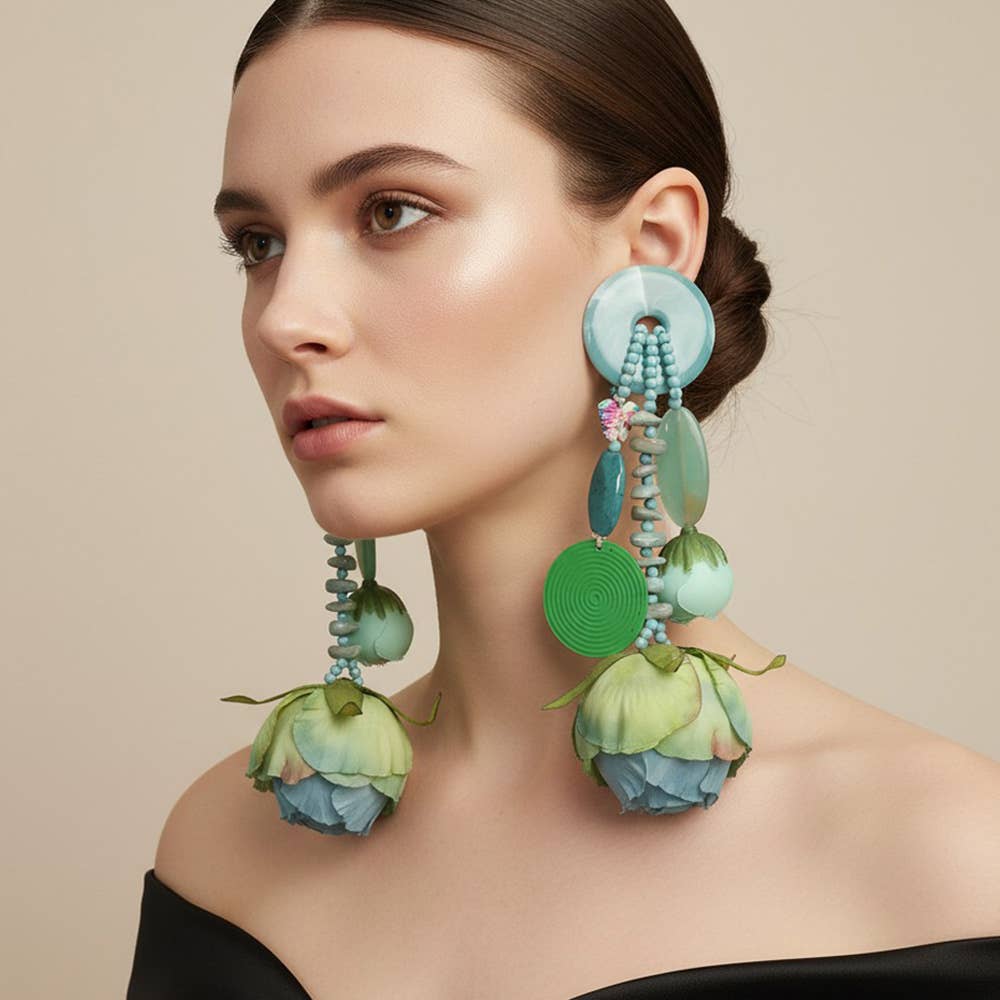 Bold Boho Beaded Tassel Floral Drop Statement Earrings