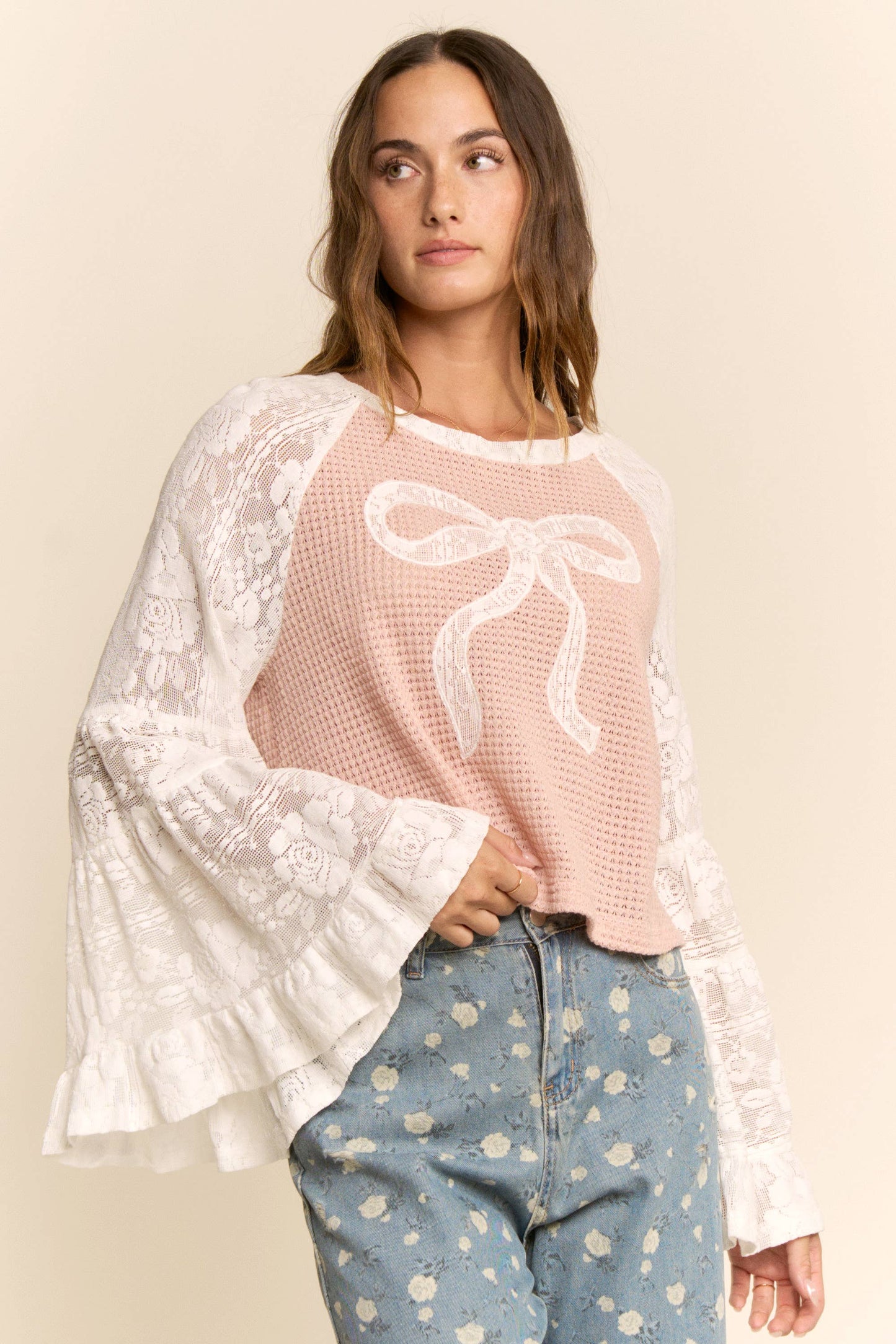 PLUS SOFT WAFFLE KNIT LACE BOW PATCHWORK TOP