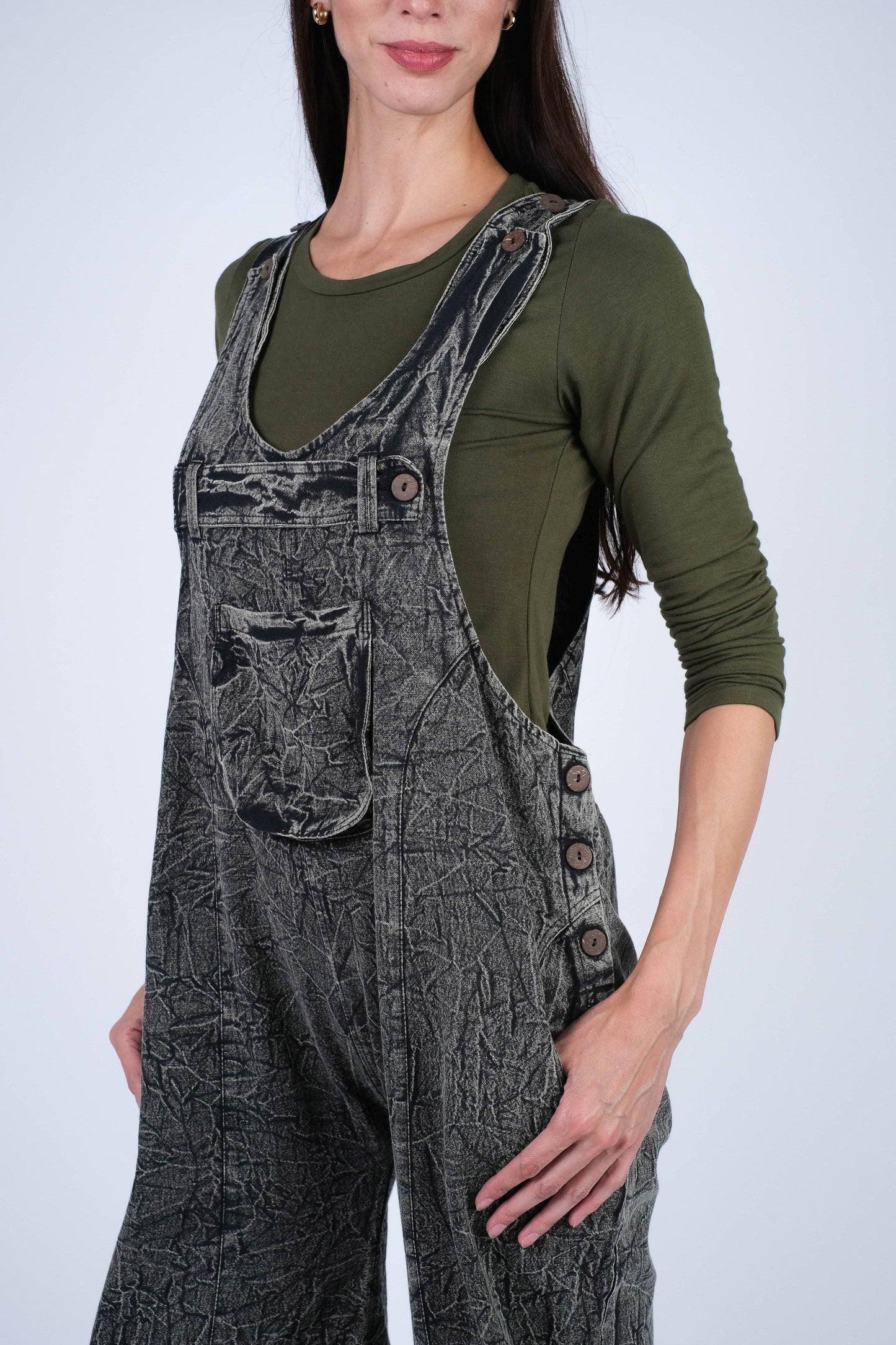 Textured Stone-Washed Cotton Overalls Cuffed Bottoms
