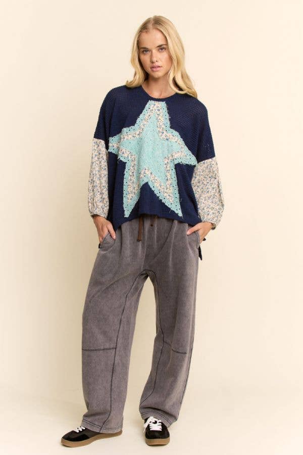 PLUS MULTI STAR PATCHWORK DITSY SLEEVE KNIT TOP