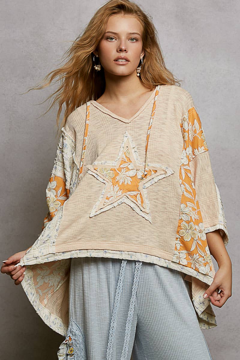 Long Sleeve Lace Contrast Floral Star Patch Knit Top SALE