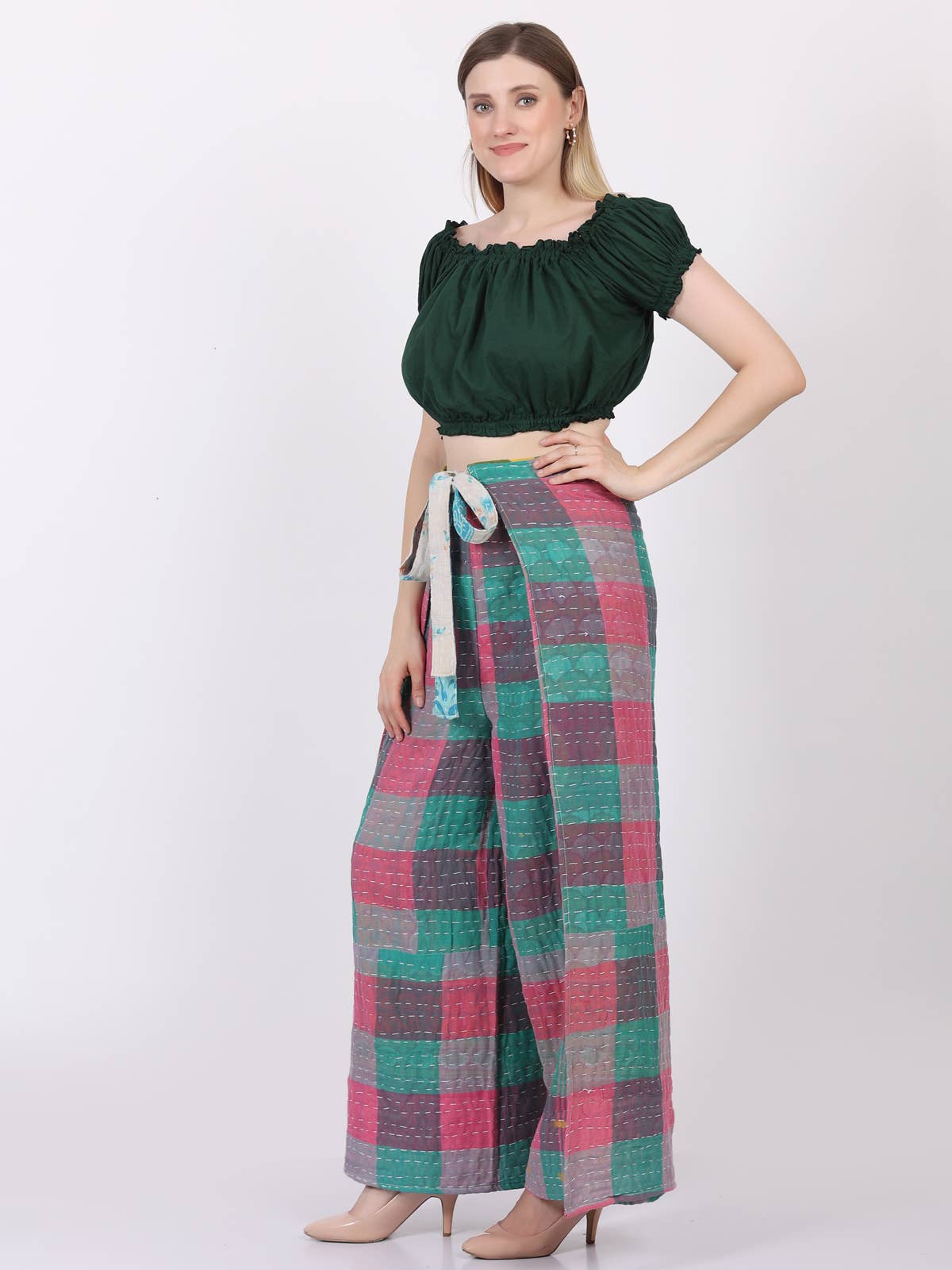 Women Wide Leg Kantha Fabric Tie Knot Thai Wrap Pant Mix Lot