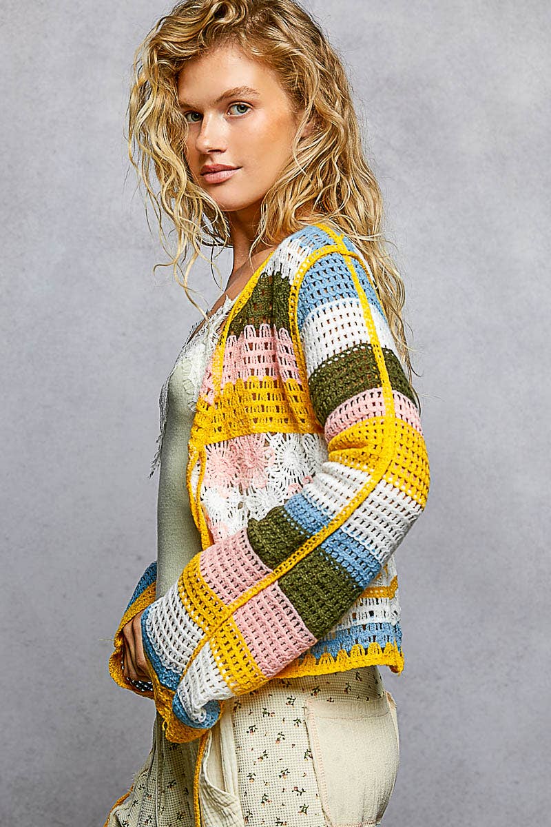 Long Sleeve Crochet Striped Tie Closure Open Cardigan Top