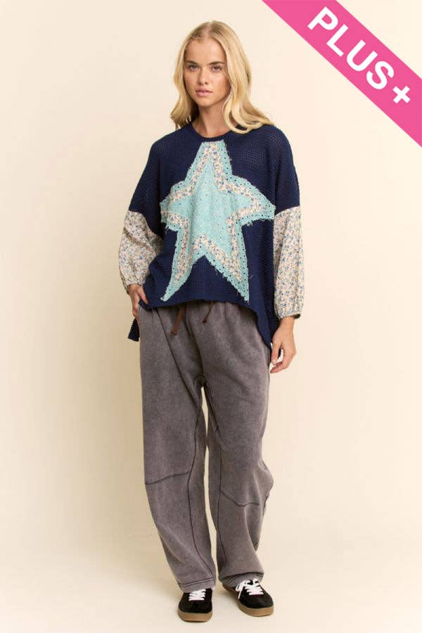 PLUS MULTI STAR PATCHWORK DITSY SLEEVE KNIT TOP