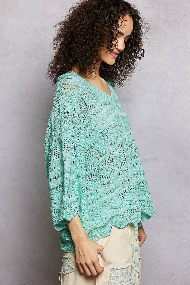Open Knit V-Neck Oversized Short Sleeve Sweater Top SALE