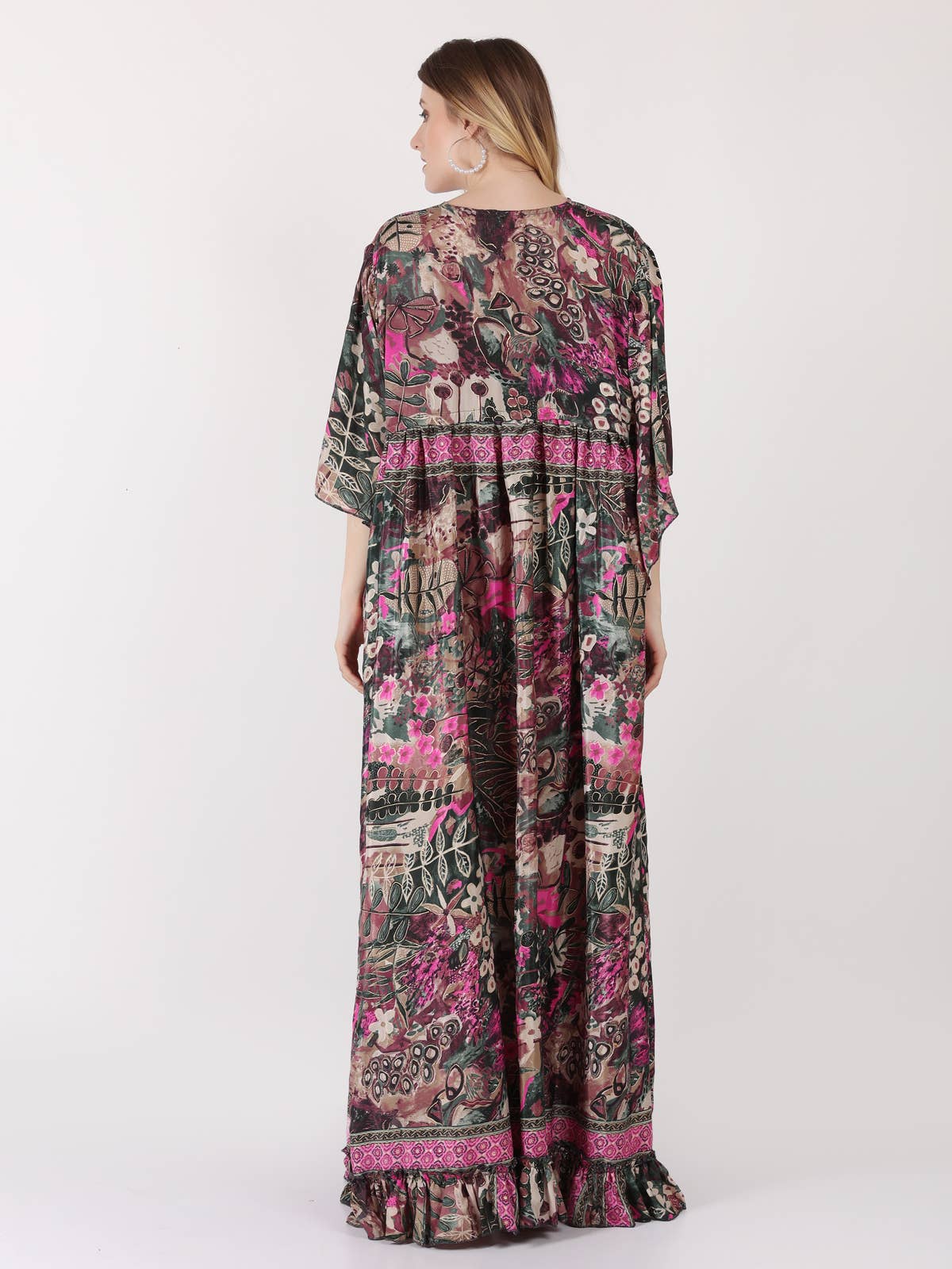 Women's Casual 3/4 Sleeves V-Neck Floral Maxi Tie up Dress