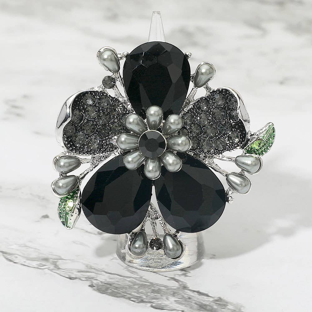 Pearl Stone Embellished Oversized Flower Stretch Ring