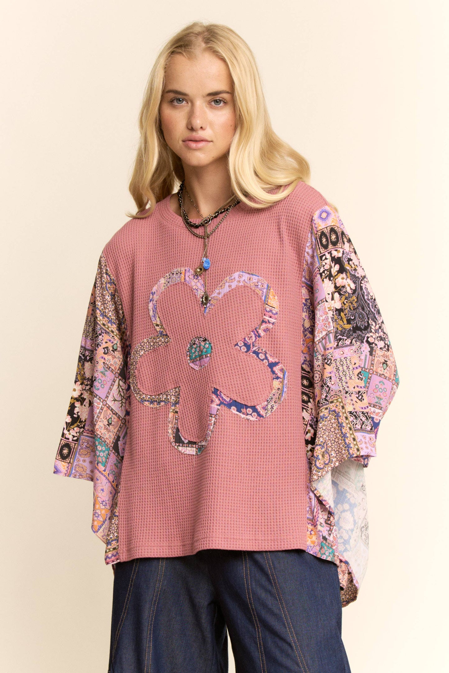 BOHO PATCHWORK KNIT TOP WITH FLOWER