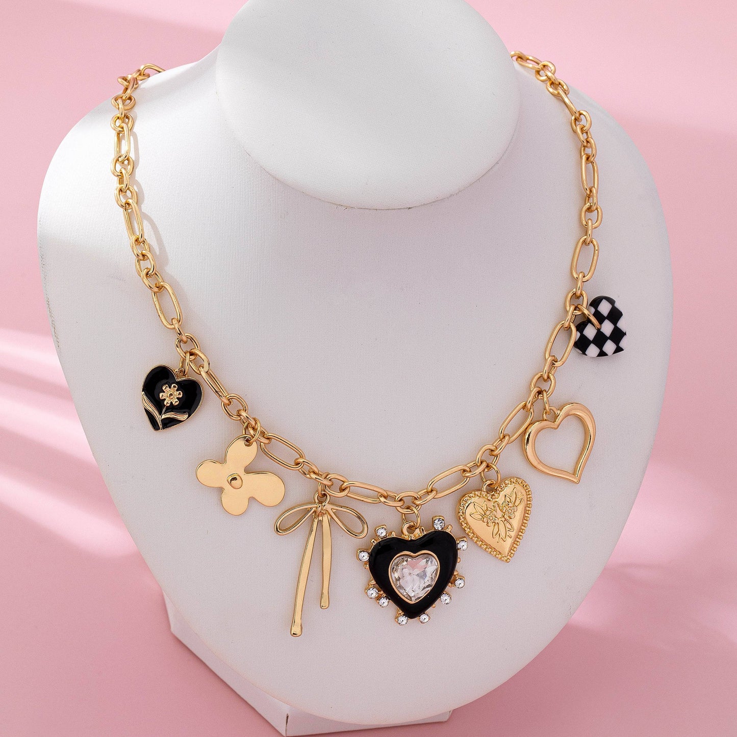 CHARM NECKLACE-BOW CHECKER HEART RHINESTONE | 80N92728