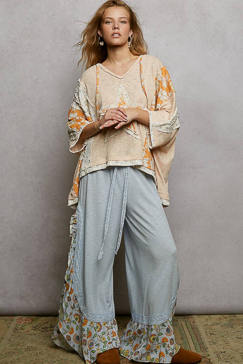 Long Sleeve Lace Contrast Floral Star Patch Knit Top SALE