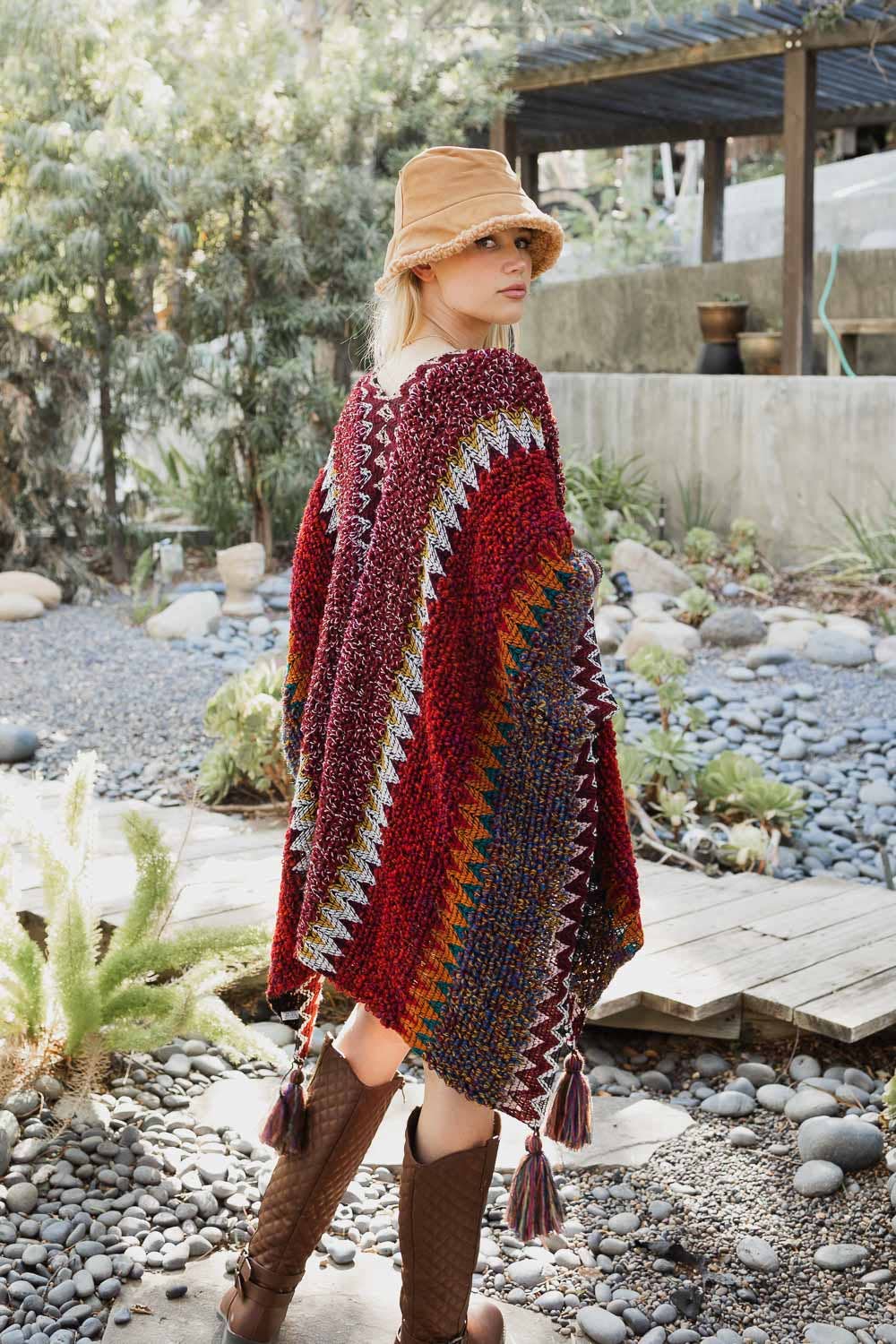 Unique Patterned Crochet Ruana – Colorful Tassel Cardigan ❤️