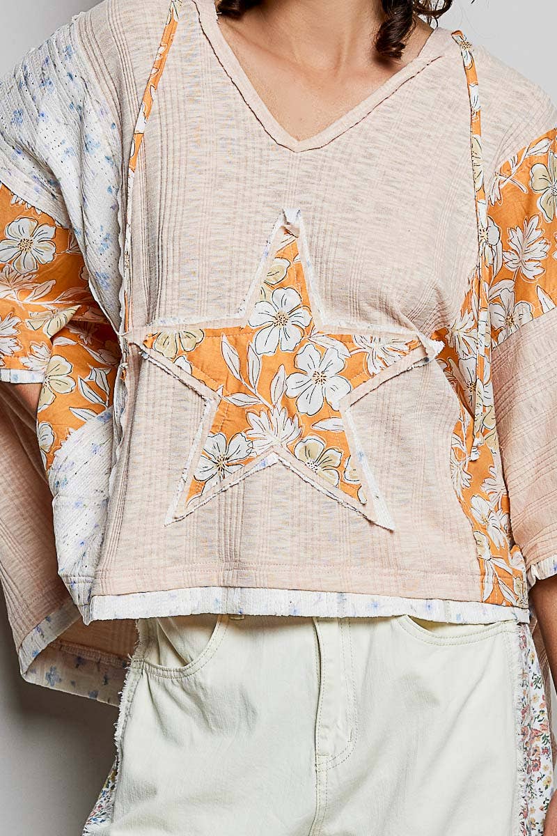 Long Sleeve Lace Contrast Floral Star Patch Knit Top SALE