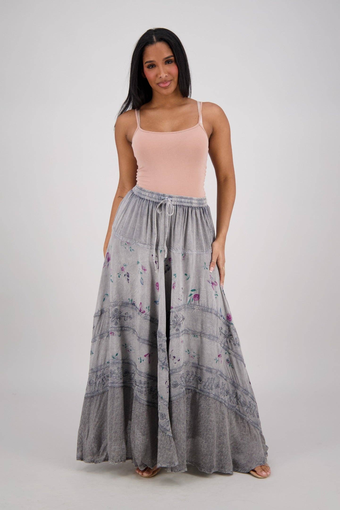 Acid Wash Floral Panels Skirt 11320