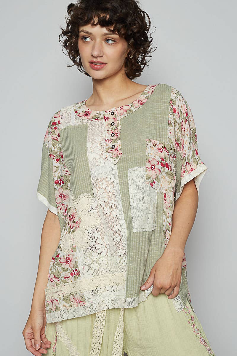 Round Neck Short Sleeve Floral Knit Rib Top SALE