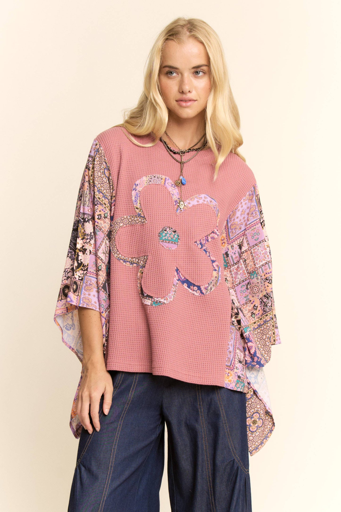 BOHO PATCHWORK KNIT TOP WITH FLOWER