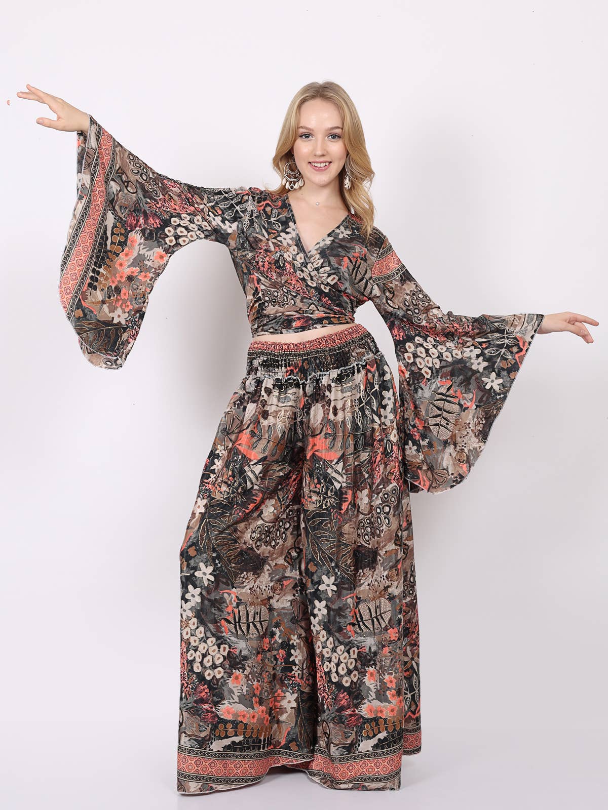 Women's Floral Cross Body Top & Wide leg Pant Two Piece Set