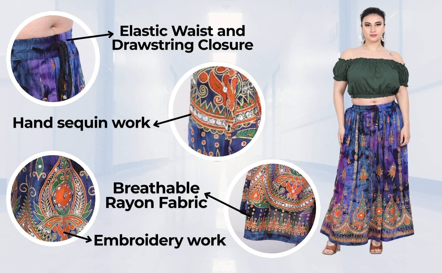 Women's Tie Dye Sequin Long Maxi Embroidery Skirt Wholesale