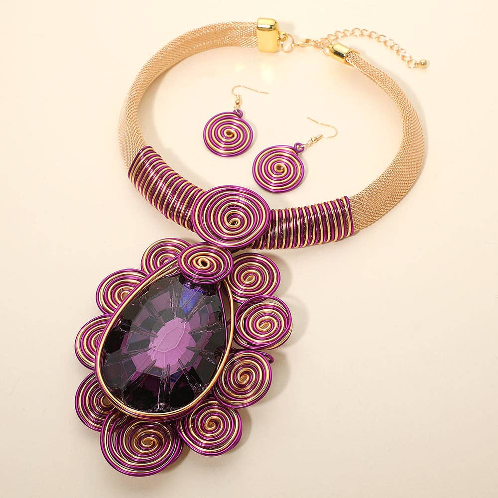 Bold Teardrop Stone Centered Metal Swirl Embellished Statement Necklace