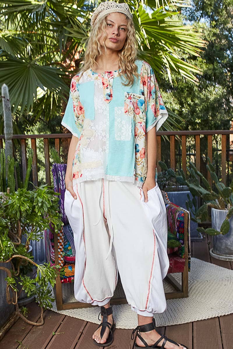 Round Neck Short Sleeve Floral Knit Rib Top SALE