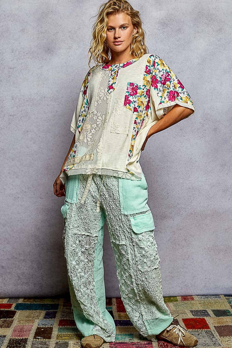 Round Neck Short Sleeve Floral Knit Rib Top SALE