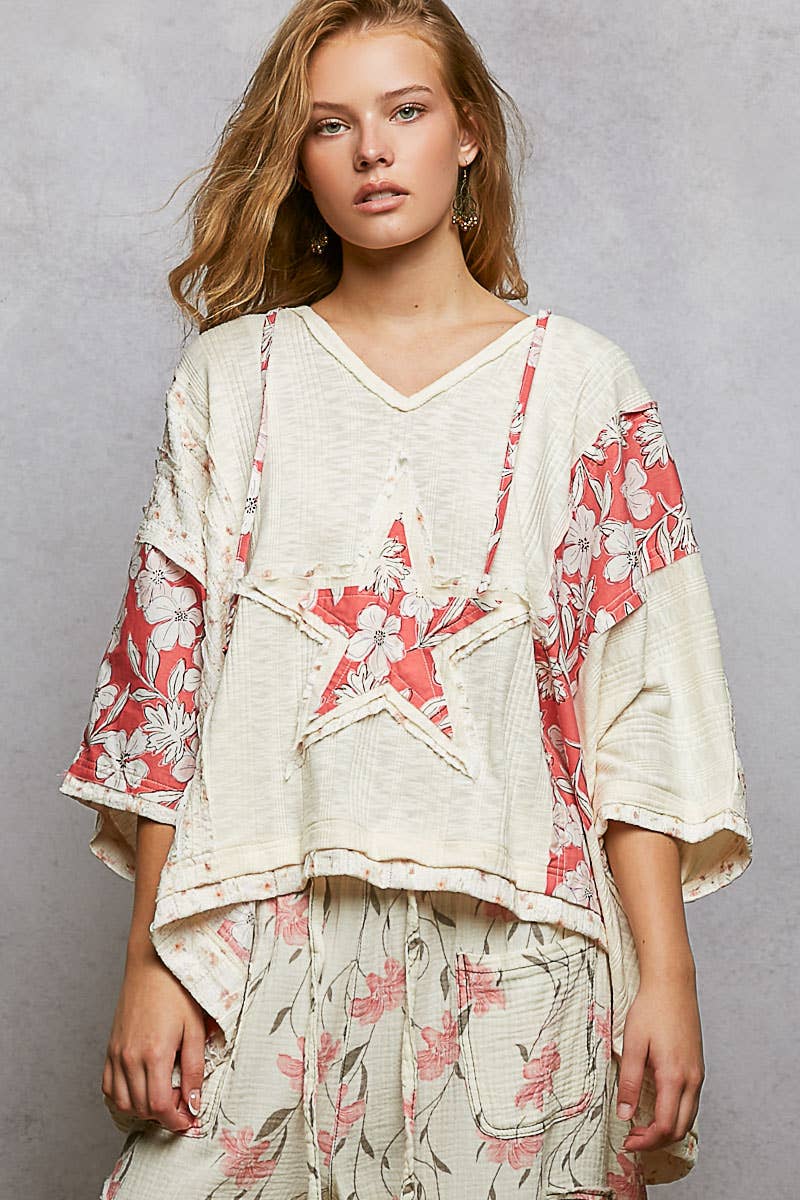 Long Sleeve Lace Contrast Floral Star Patch Knit Top SALE