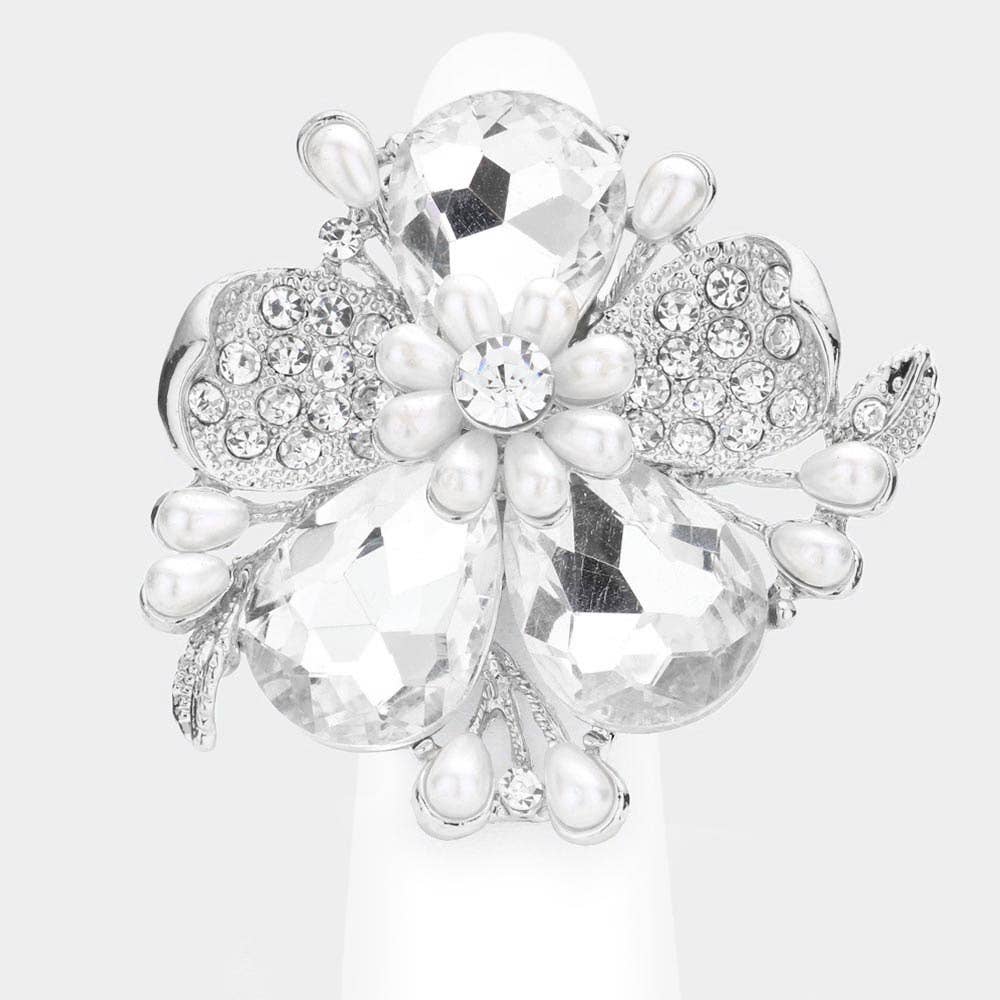 Pearl Stone Embellished Oversized Flower Stretch Ring