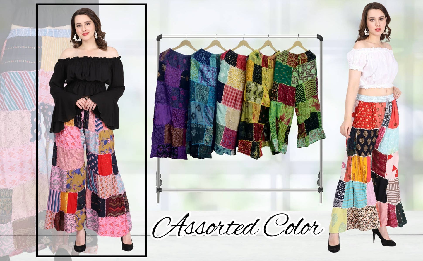 Women's Multi Patchwork Wide Leg Pajama Elastic Pant Mix Lot