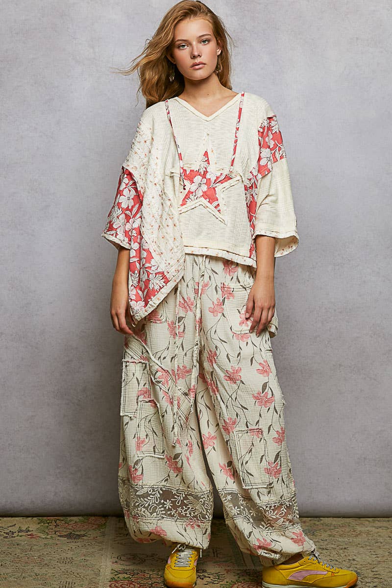 Long Sleeve Lace Contrast Floral Star Patch Knit Top SALE