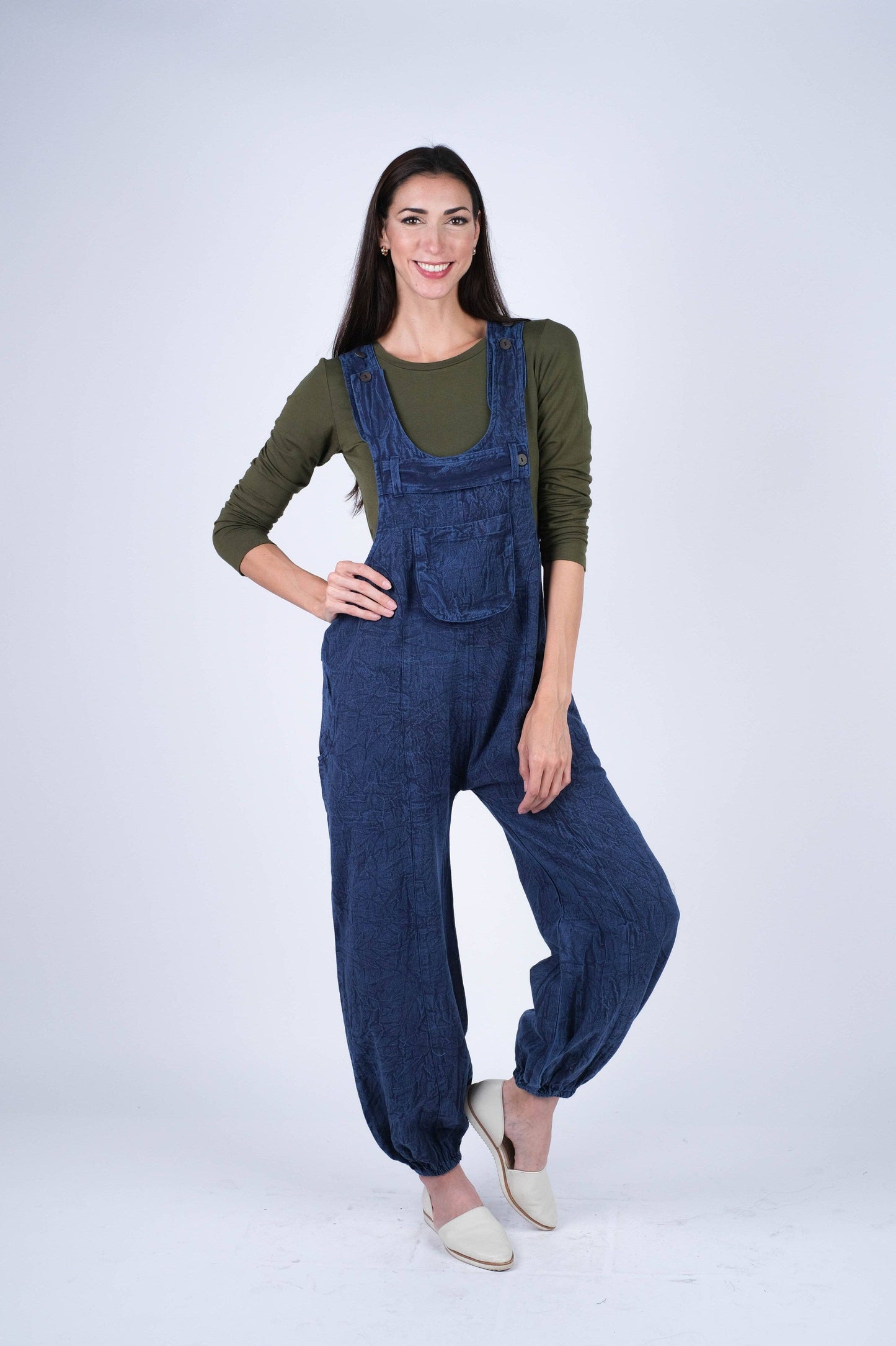 Textured Stone-Washed Cotton Overalls Cuffed Bottoms