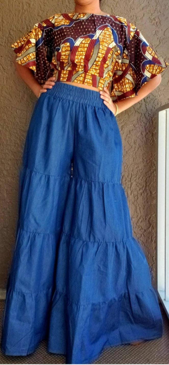 039- Women Tiered Denim Palazzo Pant- Indigo Blue