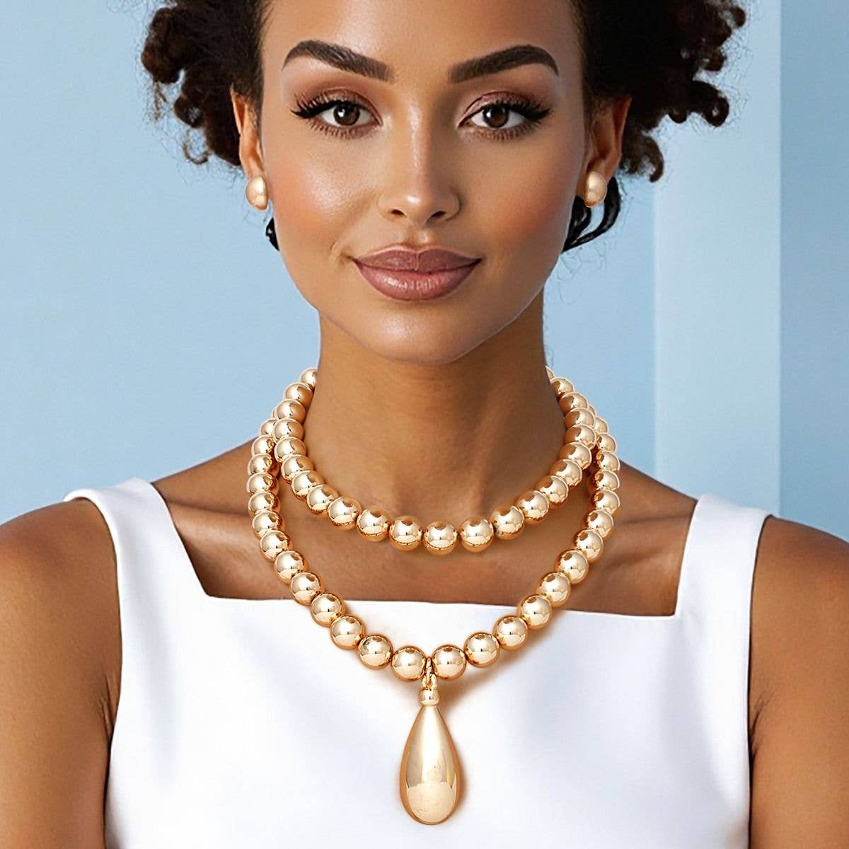 Beaded Gold Teardrop Pendant Double Necklace Set