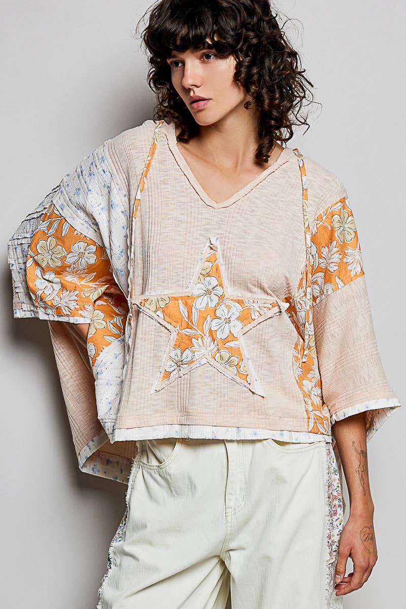 Long Sleeve Lace Contrast Floral Star Patch Knit Top SALE