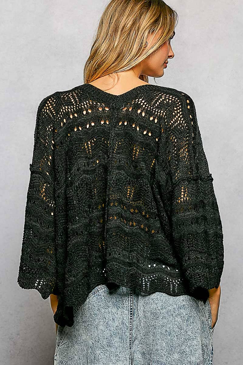Open Knit V-Neck Oversized Short Sleeve Sweater Top SALE