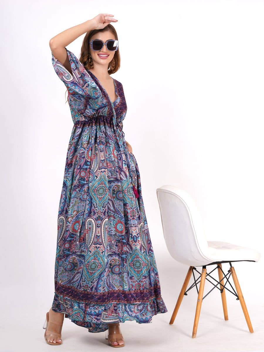 Women's Casual 3/4 Sleeves V-Neck Floral Maxi Tie up Dress