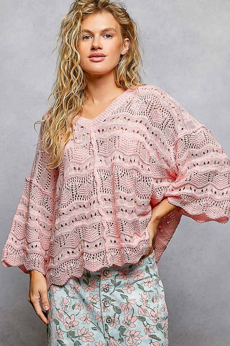 Open Knit V-Neck Oversized Short Sleeve Sweater Top SALE