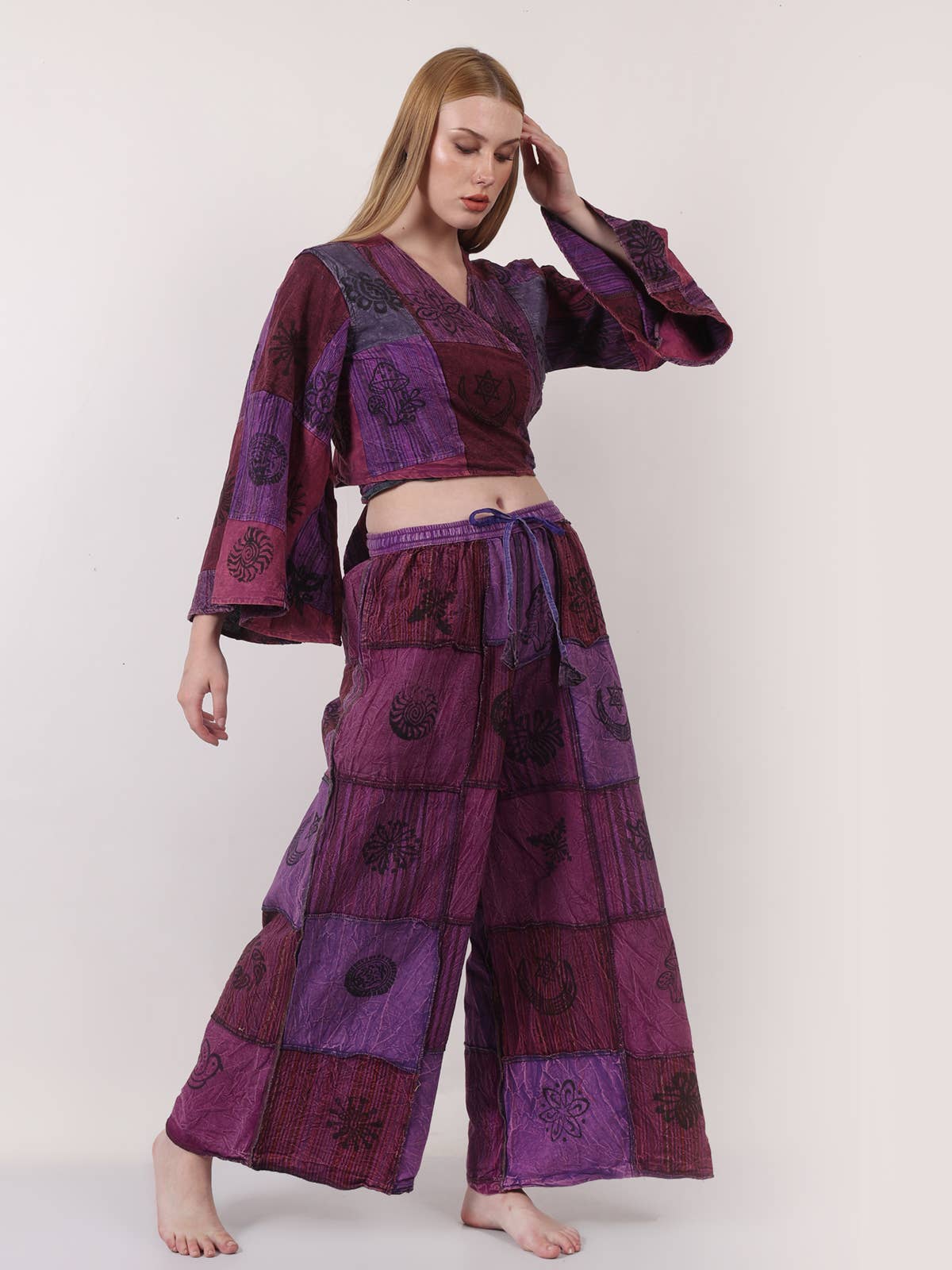 Women's Two Piece Deep V Neck Wrap Top & Wide Leg Pant Set