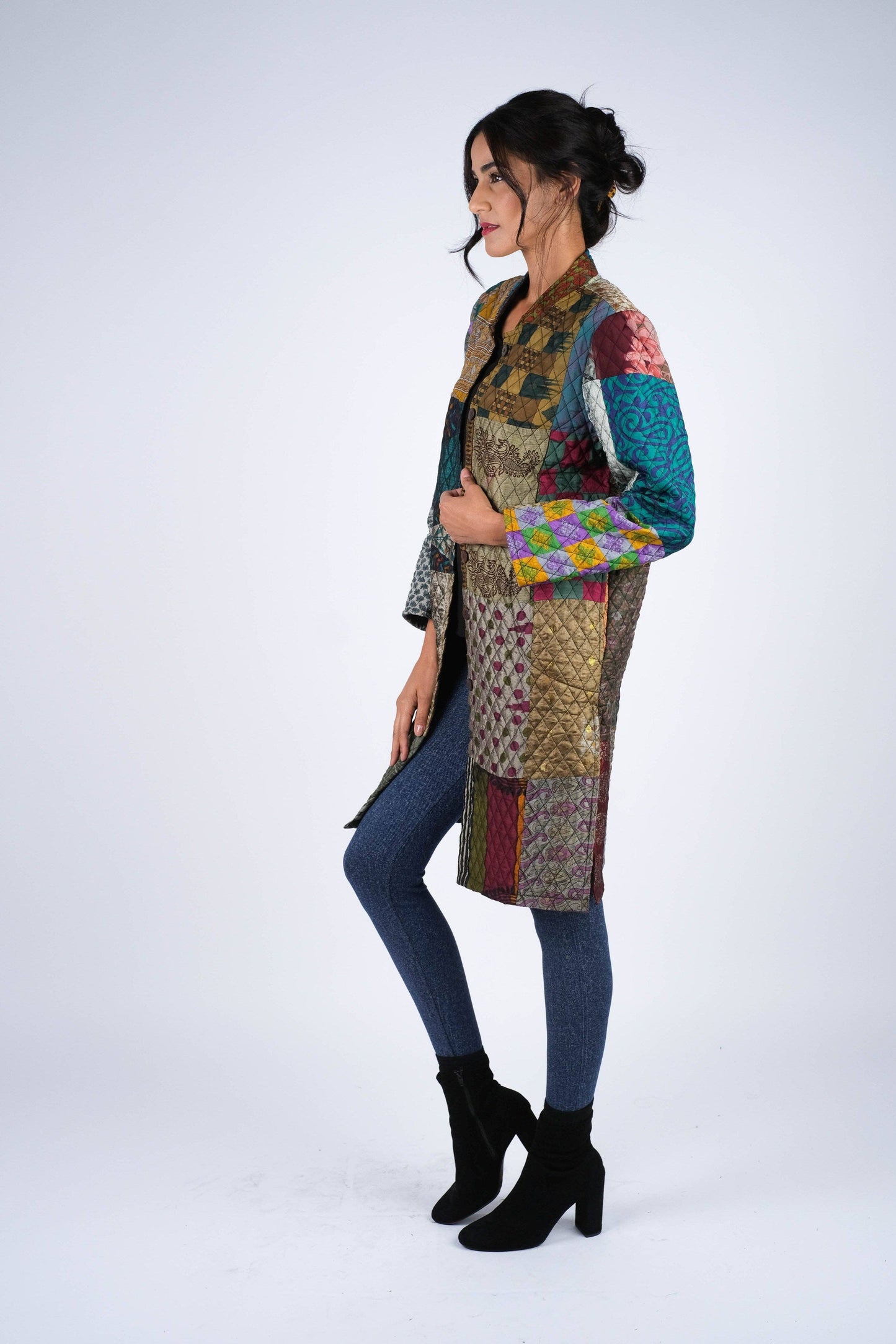 Vibrant Patchwork Quilted Poly Silk Jacket
