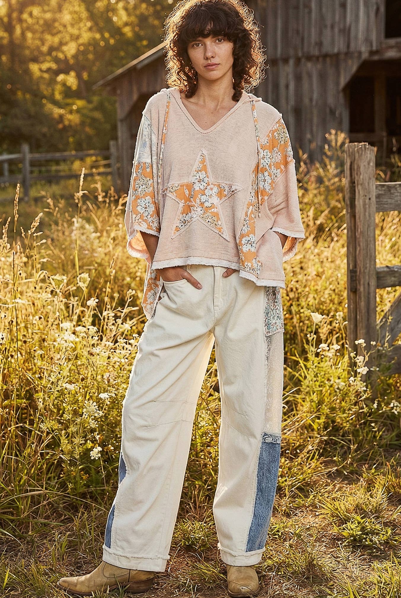 Long Sleeve Lace Contrast Floral Star Patch Knit Top SALE
