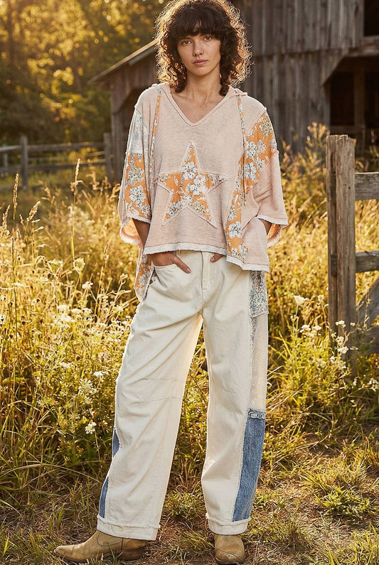 Long Sleeve Lace Contrast Floral Star Patch Knit Top SALE