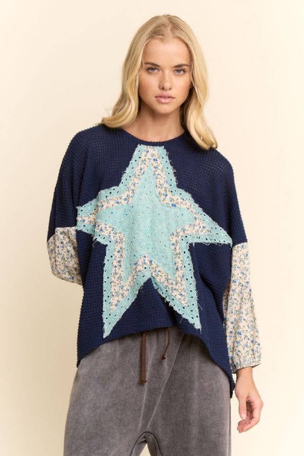 PLUS MULTI STAR PATCHWORK DITSY SLEEVE KNIT TOP