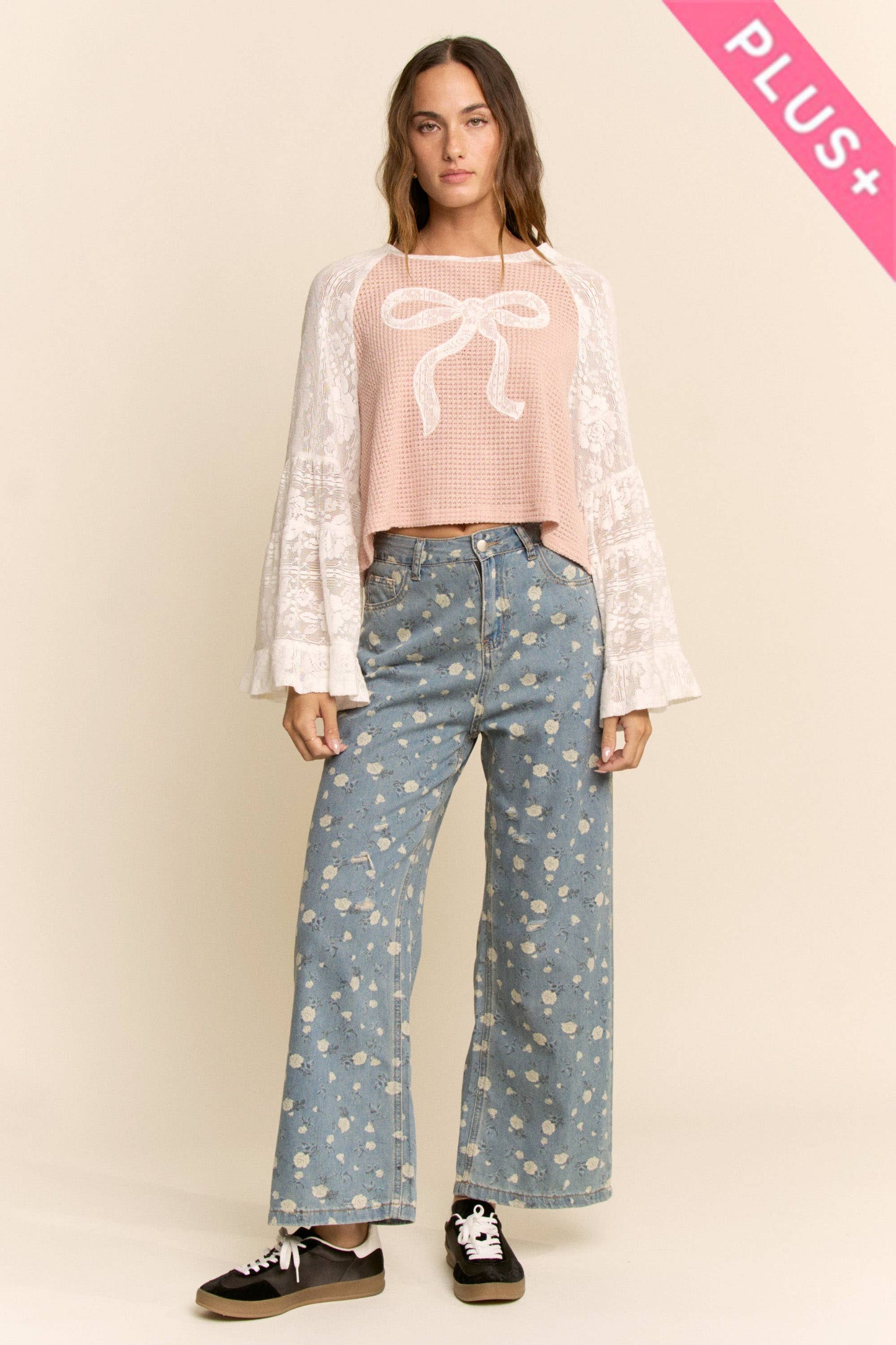 PLUS SOFT WAFFLE KNIT LACE BOW PATCHWORK TOP