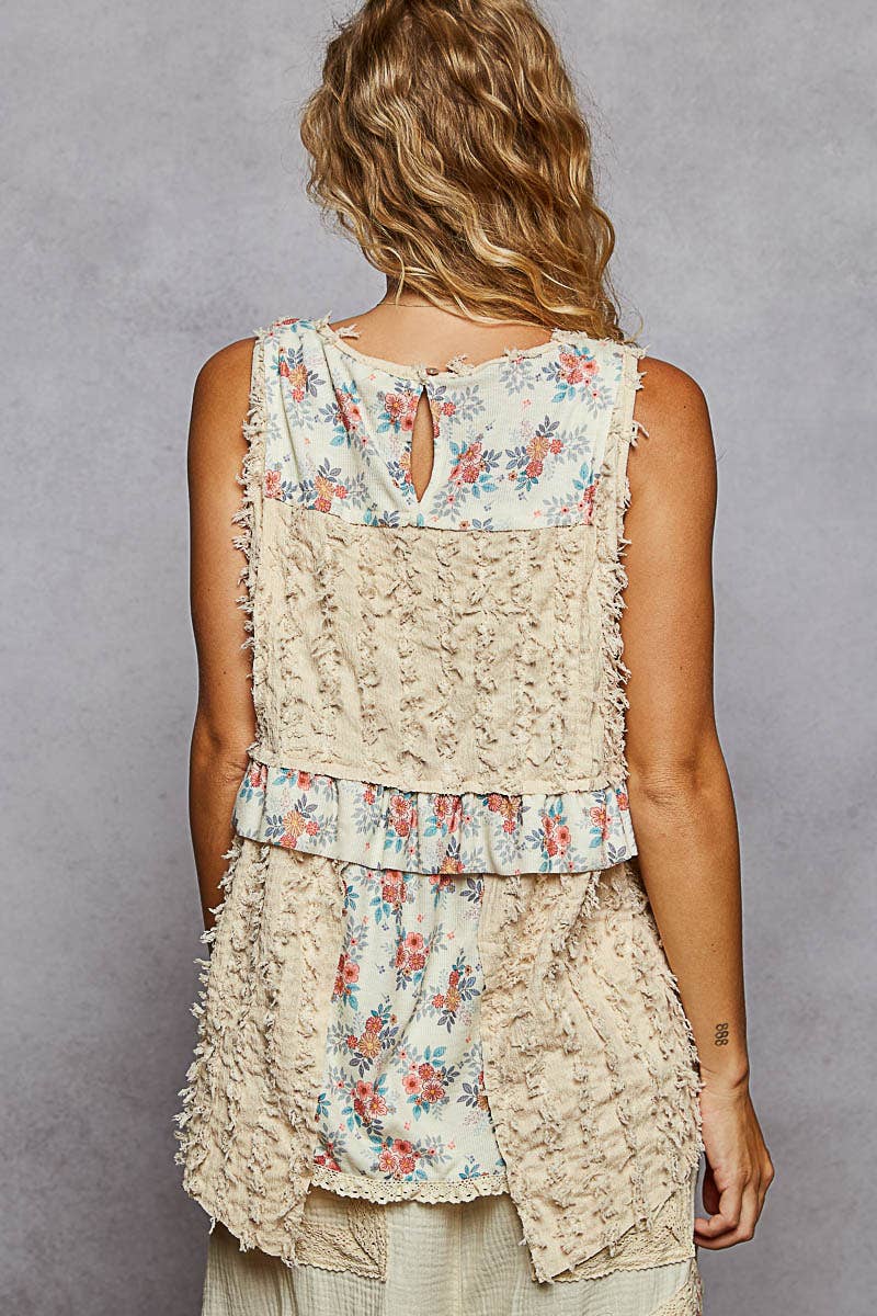 Round neck sleeveless textured woven floral top